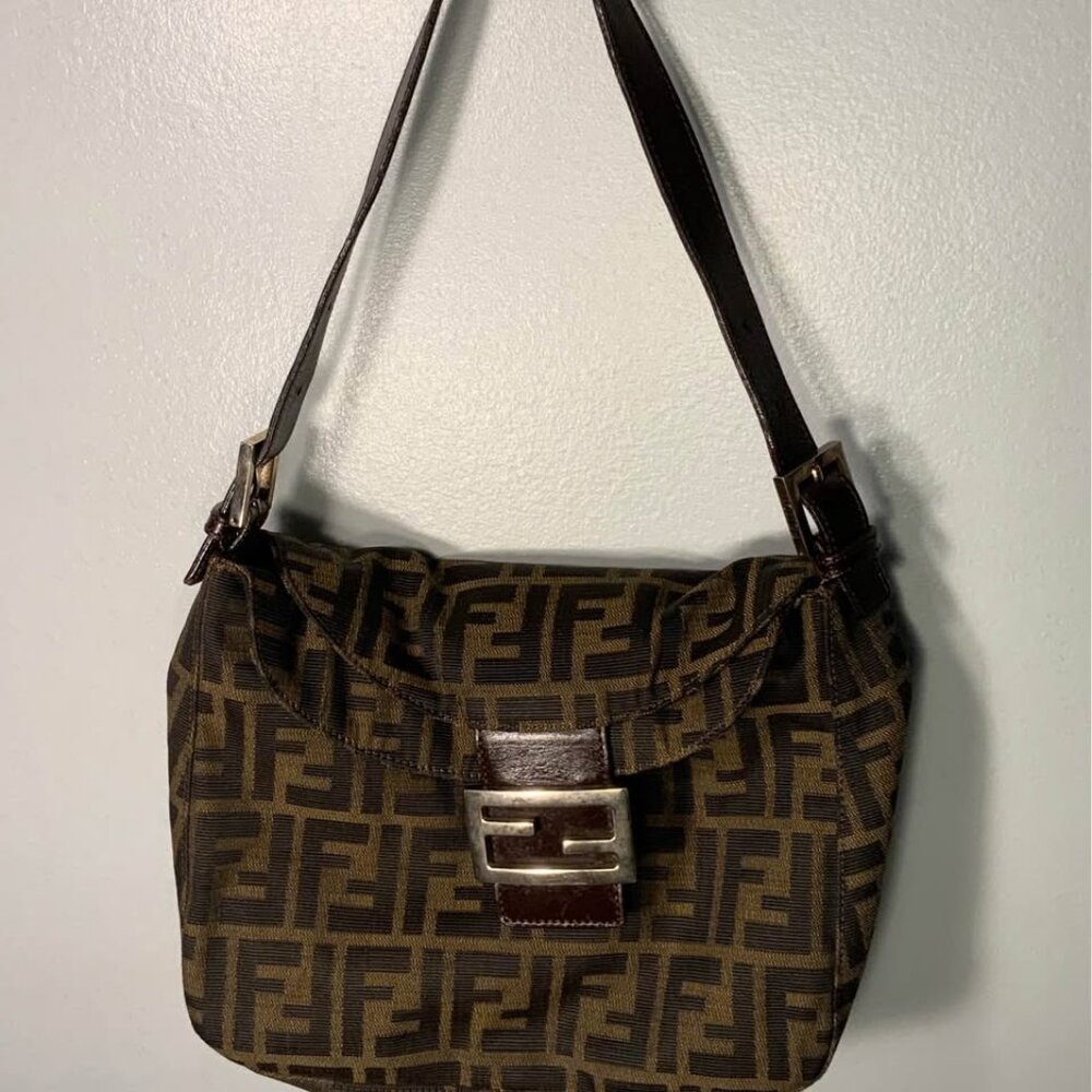 FENDI ZUCCA Mamma Bucket Canvas Leather Brown